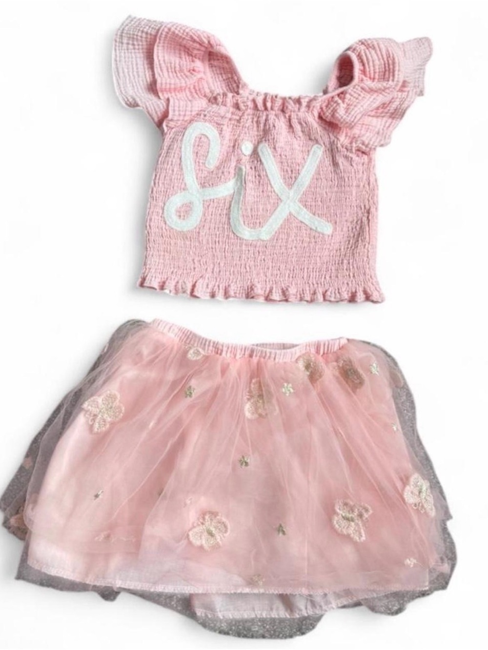 Pink "Six" Ruffle Sleeve Top & Pink Floral Tulle Skirt Set